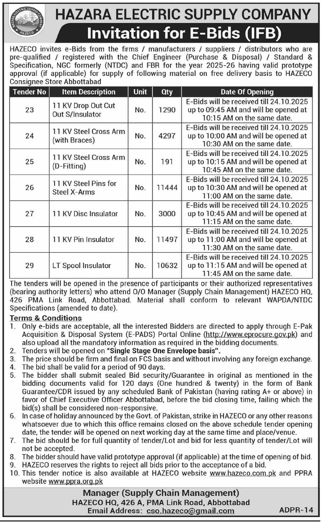 Hazara Electrical Supply Company Tender Notice